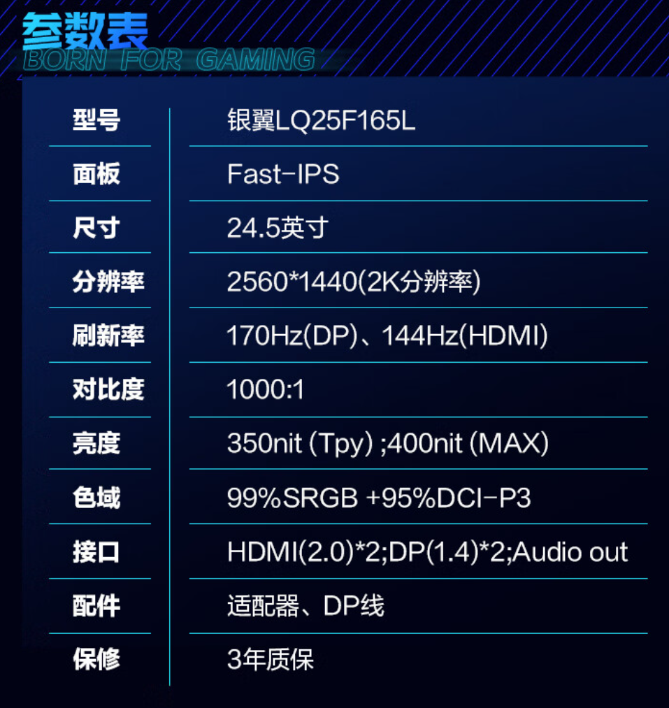 雷神银翼 24.5 英寸 2K 170Hz 显示器 LQ25F165L 发布，1399 元