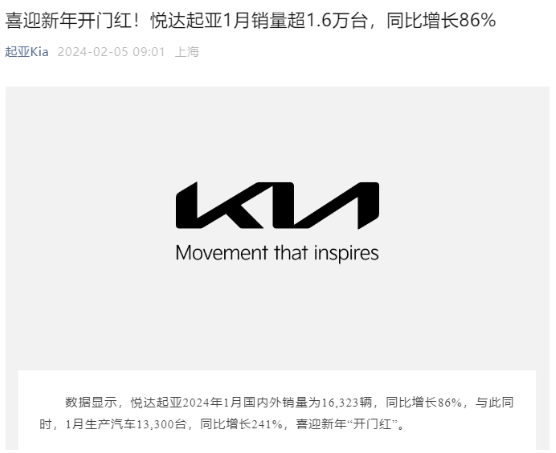 Yueda Kia は 2024 年に向けて好調なスタートを切る： 1 月の売上高は前年比 86% 増加し、電動化変革が再び加速