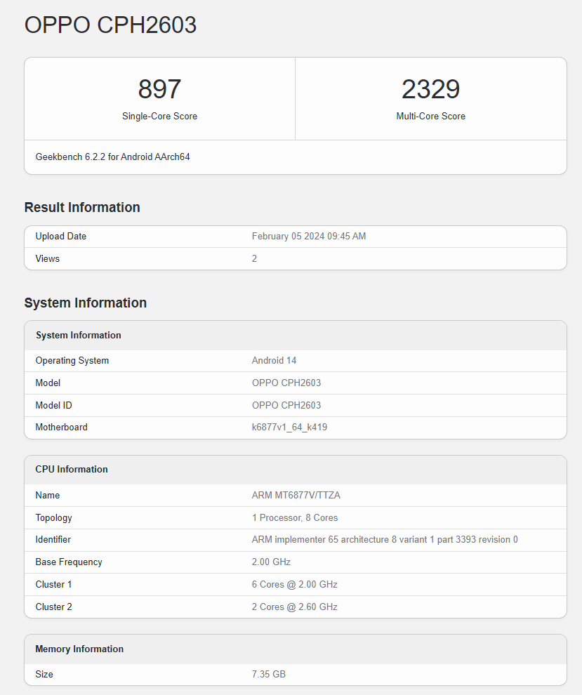 OPPO Reno11 F 手机现身 Geekbench，搭载天玑 7050 处理器