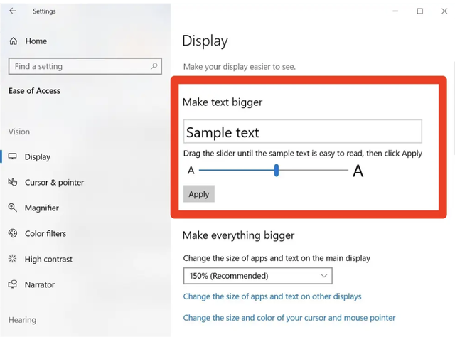 How to increase the font size in win10