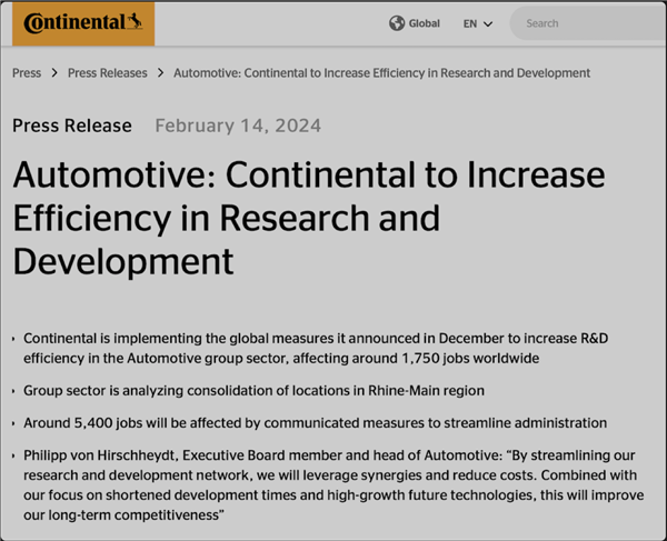 Continental melaksanakan pelarasan strategik global, yang menjejaskan kira-kira 7,150 pekerja