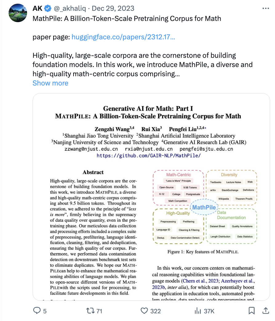 To supplement mathematics for large models, submit the open source MathPile corpus with 9.5 billion tokens, which can also be used commercially