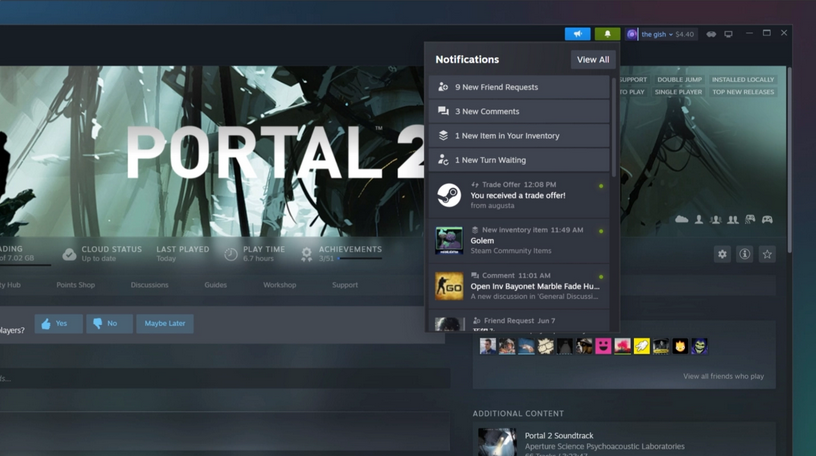 Steam desktop client beta update: new notes, in-game pinned window functionality