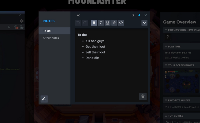 Mise à jour bêta du client de bureau Steam : ajout dune nouvelle application de prise de notes, peut épingler la fenêtre dans le jeu