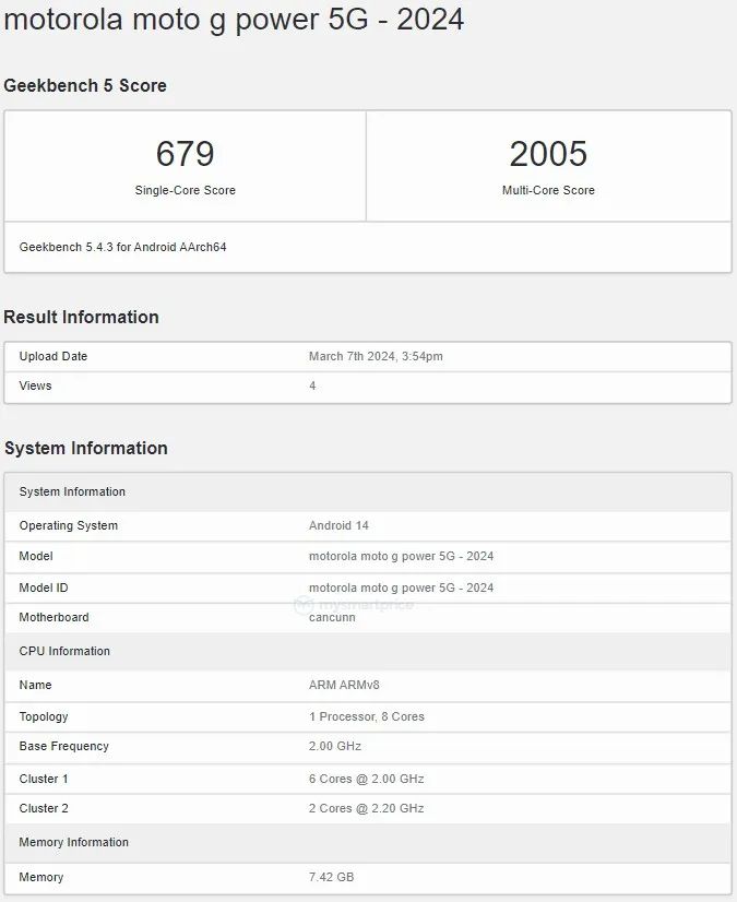 2024 款 Moto G Power 5G 手机跑分曝光：天玑 7020+8GB 内存