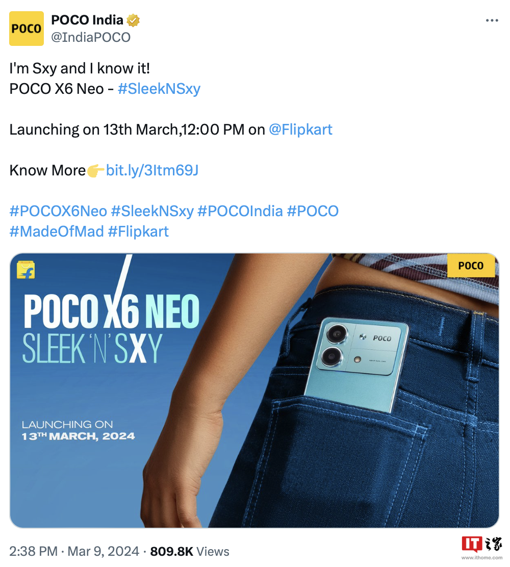 小米 POCO X6 Neo 手机 3 月 13 日海外发布：天玑 6080、6.67 英寸 OLED 屏