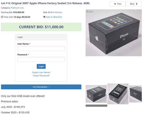 Rare 4GB original iPhone appears at auction, with starting price of US$10,000 attracting attention