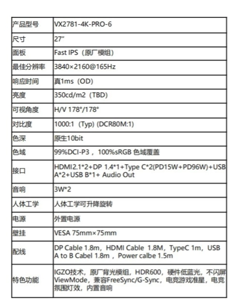 优派电竞显示器 VX2781-4K-PRO-6 开售：原生 10bit、4K 165Hz IPS 屏，5199 元