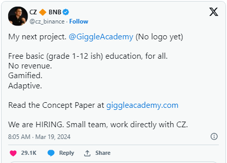 Pengasas Binance CZ merancang untuk melancarkan projek pendidikan bukan untung di tengah-tengah masalah undang-undang