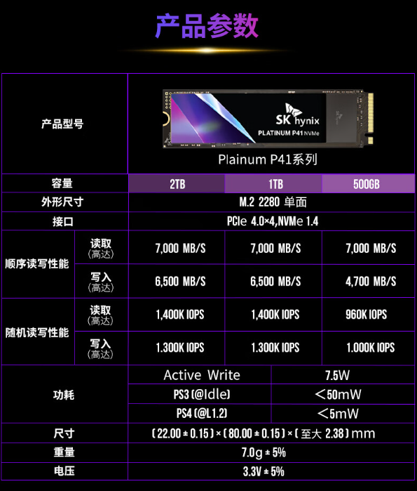 7000 MB/s读速 + 2G 独立缓存：海力士 P41 固态硬盘 2T 版 974 元大促