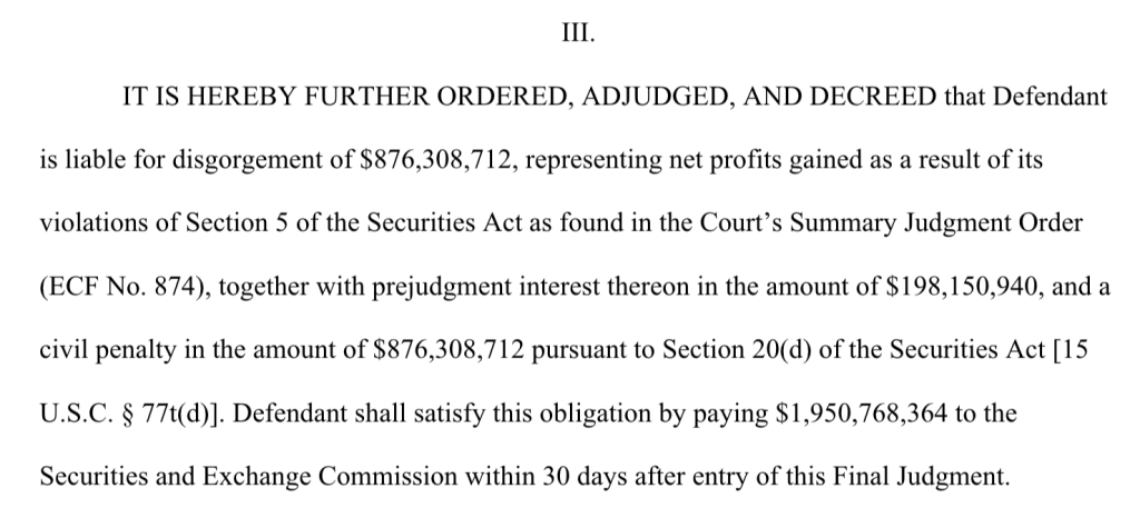 SEC扳回一城！法院判定Ripple需支付19.5亿美元 永久禁止机构销售