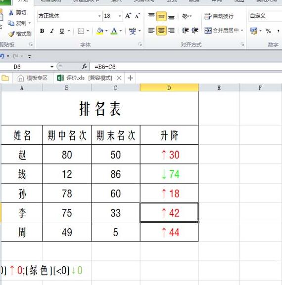 Excel表格資料使用紅綠箭頭表示升降的詳細操作