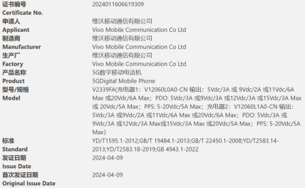 多款 vivo 新机通过 3C 认证，包括 iQOO Neo9s Pro 手机