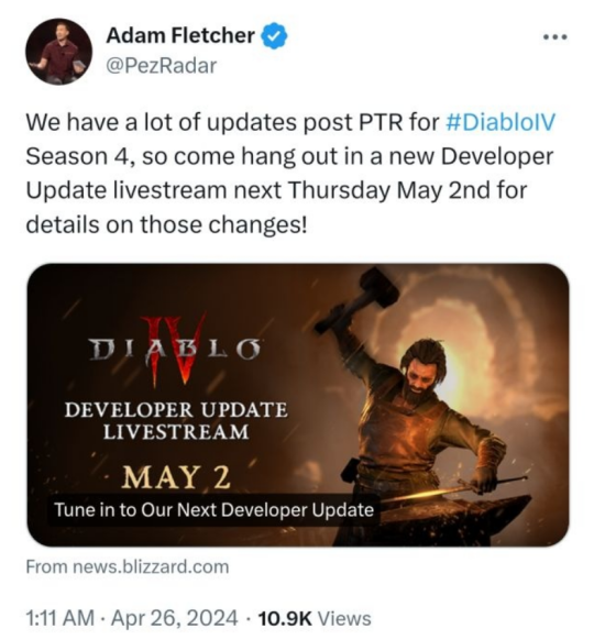 Diablo 4: The fourth season is ready to be continued, and there will be a lot of revelations during the developer live broadcast on May 2