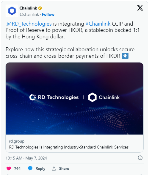 Chainlink 被选为香港港元稳定币 HKDR 技术合作伙伴