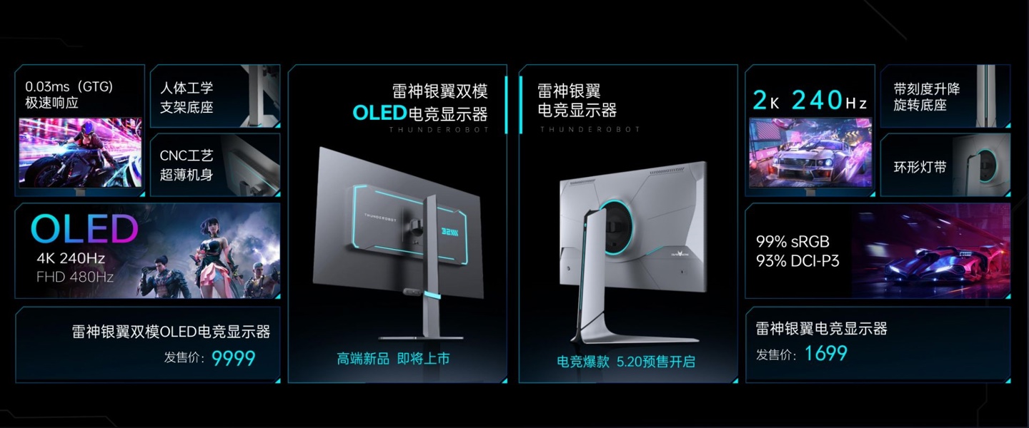 雷神银翼双模 OLED 电竞显示器发布：支持 4K 240Hz / FHD 480Hz，售价 9999 元