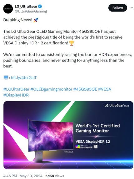 满足更严苛要求，LG 45GS95QE 显示器率先通过 VESA DisplayHDR 1.2 认证