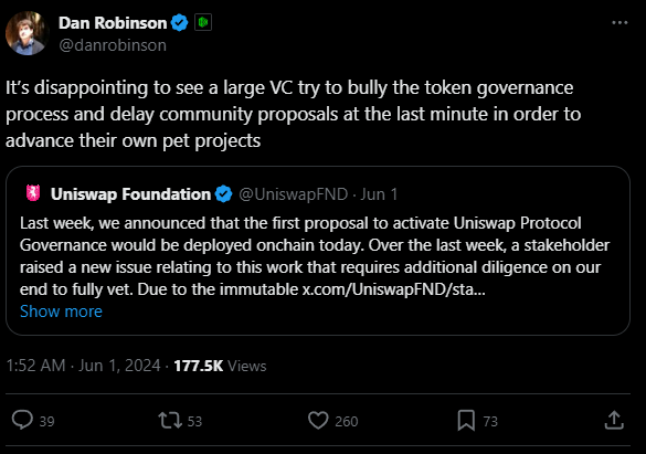 Uniswap分润提案遭推迟!Paradigm研究员:某VC施压导致