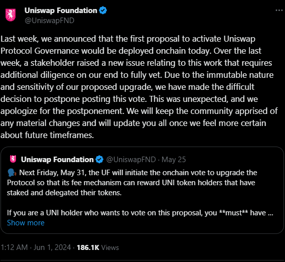 Uniswap分润提案遭推迟!Paradigm研究员:某VC施压导致