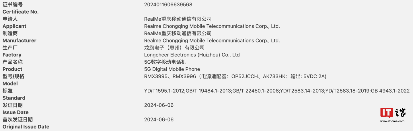 10W 充电、720p 屏幕，真我 realme 新款 RMX3995 / 3996 手机入网