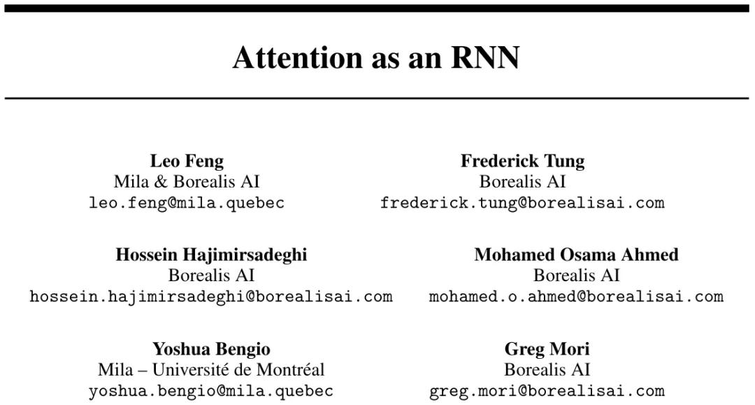 Neue Arbeit von Bengio et al.: Attention kann als RNN angesehen werden. Das neue Modell ist vergleichbar mit Transformer, ist aber super speichersparend.