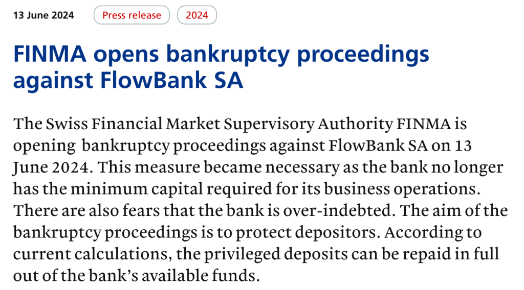 瑞士加密银行FlowBank遭当地金管局宣告破产!加密货币惹祸?