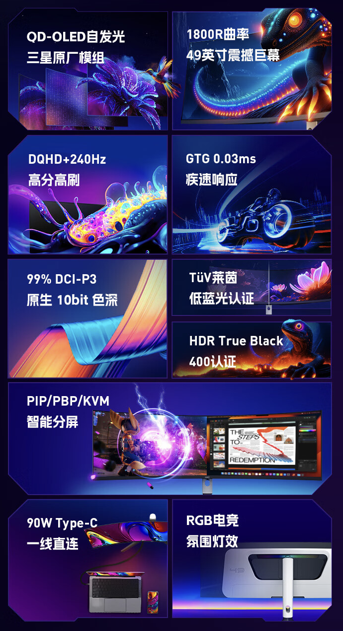 HKC“GS49UK”49 英寸带鱼屏显示器开售：双 2K 240Hz QD-OLED，6499 元