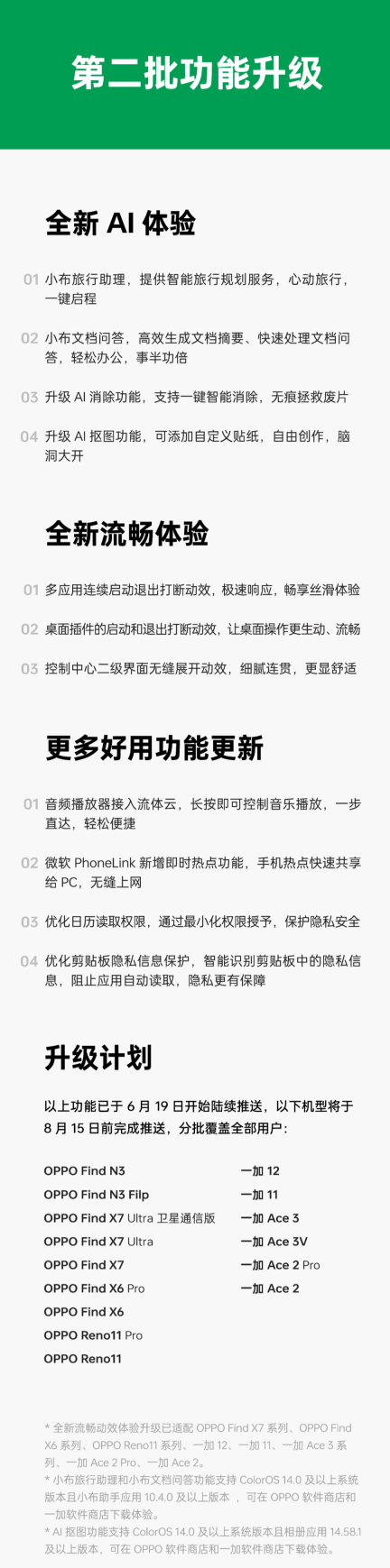 ColorOS 14 六月升级，首批覆盖 OPPO Find X7 / N3、一加 12 等十余款机型：新增壁纸模糊、AI 消除功能