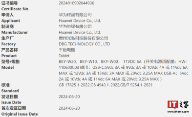 标配 66W 充电器、支持星闪，华为新款平板 BKY-W00 通过 3C 认证