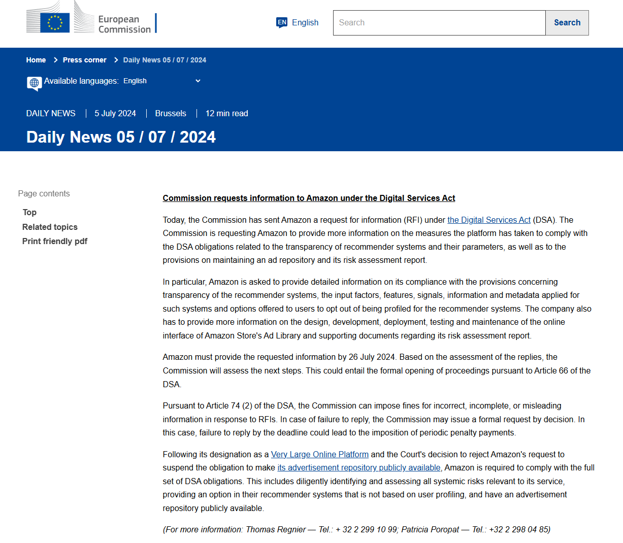 L'UE exige qu'Amazon explique sa conformité à la loi DMA sur les marchés numériques et lui imposera des amendes s'il ne respecte pas les exigences.