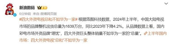  日子难过！上半年四大外资电视出货总和不如华为一家 