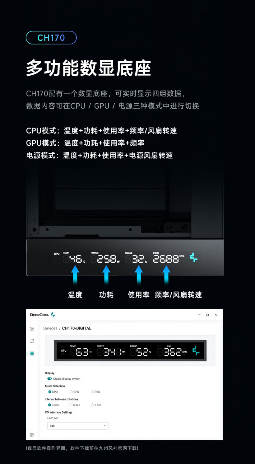 九州风神立式 ITX 机箱 CH170 开卖：自带多功能数显底座，369 元起