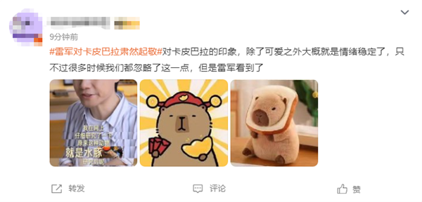 人生哲学!雷军对卡皮巴拉肃然起敬:情绪稳定 朋友多敌人少