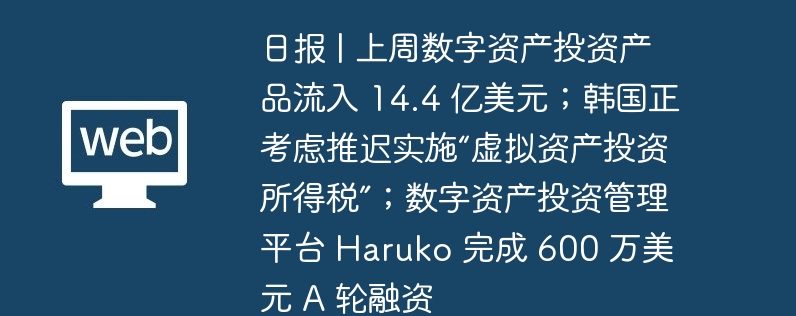 デイリー | デジタル資産投資商品には先週14億4,000万ドルの流入があり、韓国は「仮想資産投資所得税」の導入を検討している、デジタル資産投資管理プラットフォームのハルコはシリーズAで600万ドルの資金調達を完了した。