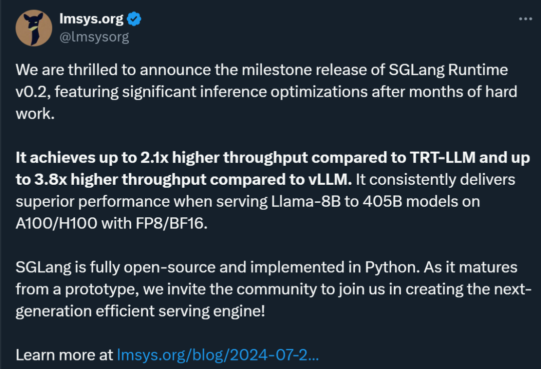 Liked by Jia Yangqing: SGLang with 3K stars is released, accelerating Llama 405B inference and killing vLLM and TensorRT-LLM in seconds