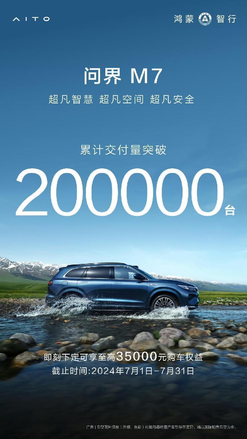 问界 m7 累计交付突破 20 万台:问界 40 万台下线问界 m7 占一半