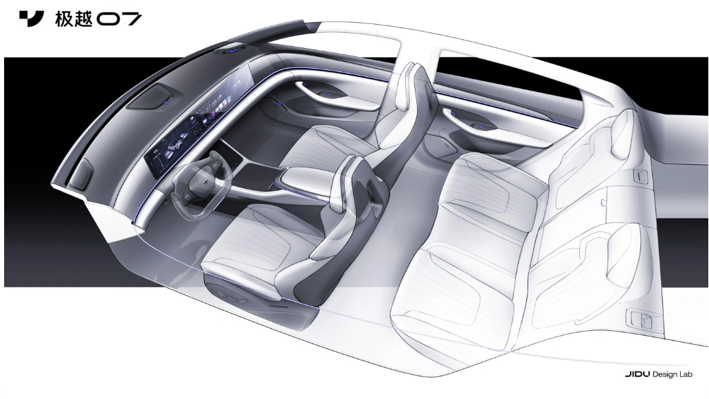 极越07内饰手绘稿对外公布:半幅方向盘搭配中控三联屏亮相
