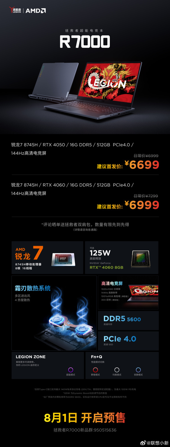 联想新款拯救者 R7000 游戏本开启预售：锐龙 7 8745H，首发价 6689 元起