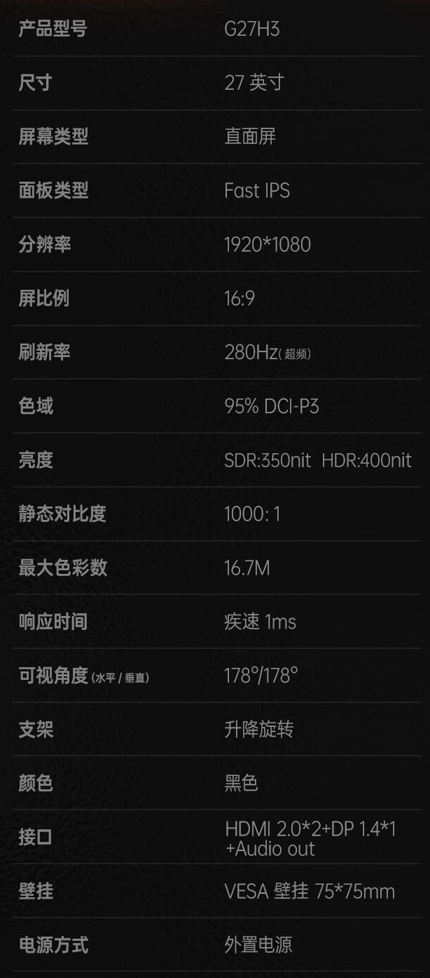 HKC“G27H3”27 英寸显示器开售：1080P 280Hz Fast IPS，1199 元