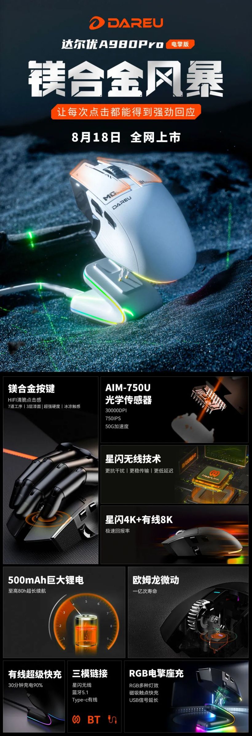 达尔优 A980 Pro 电擎版星闪鼠标 8 月 18 日上市，配 RGB 磁吸充电底座
