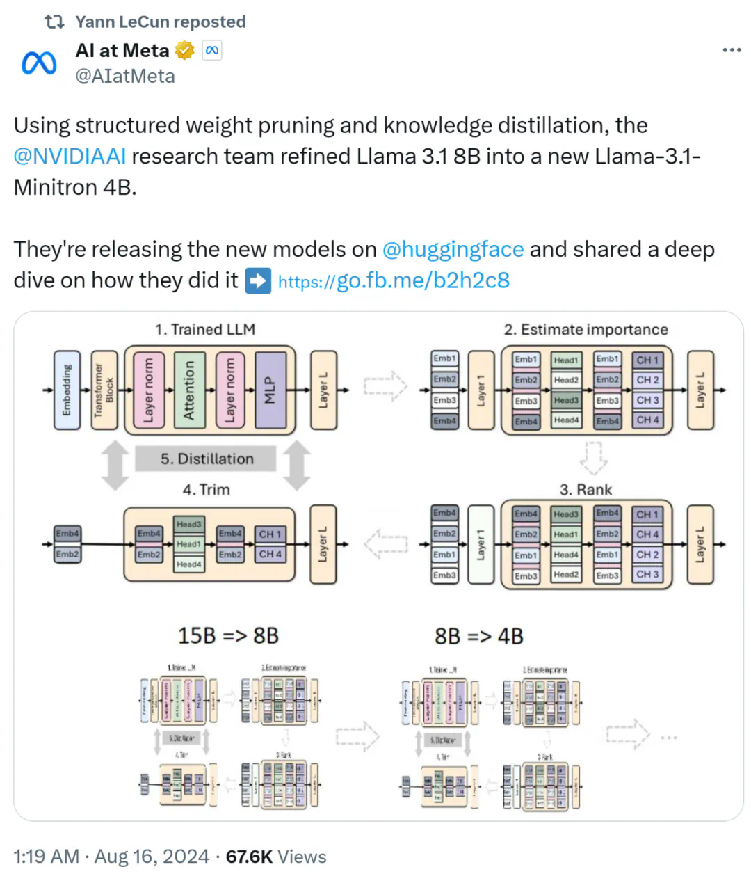 Nvidia plays with pruning and distillation: cutting Llama 3.1 8B parameters in half to achieve better performance with the same size