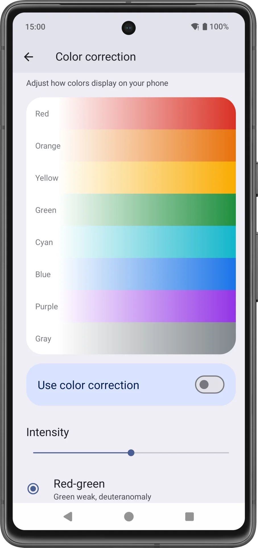 La correction des couleurs de Google Android 15 introduira un curseur d'intensité pour permettre aux utilisateurs daltoniens de voir plus clairement