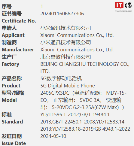 小米首款竖向折叠手机MIX Flip入网，67W快充