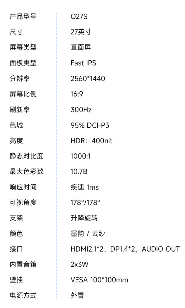 攀升推出“Q27S”27 英寸显示器：2K 300Hz Fast IPS，1849 元