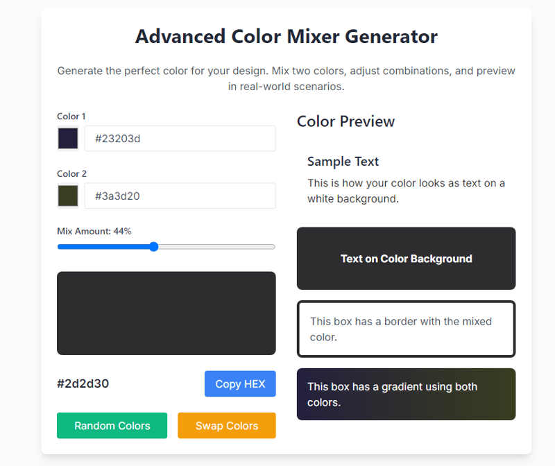 Présentation de mon nouveau générateur de mélangeur de couleurs CSS Perfectionnez vos combinaisons de couleurs