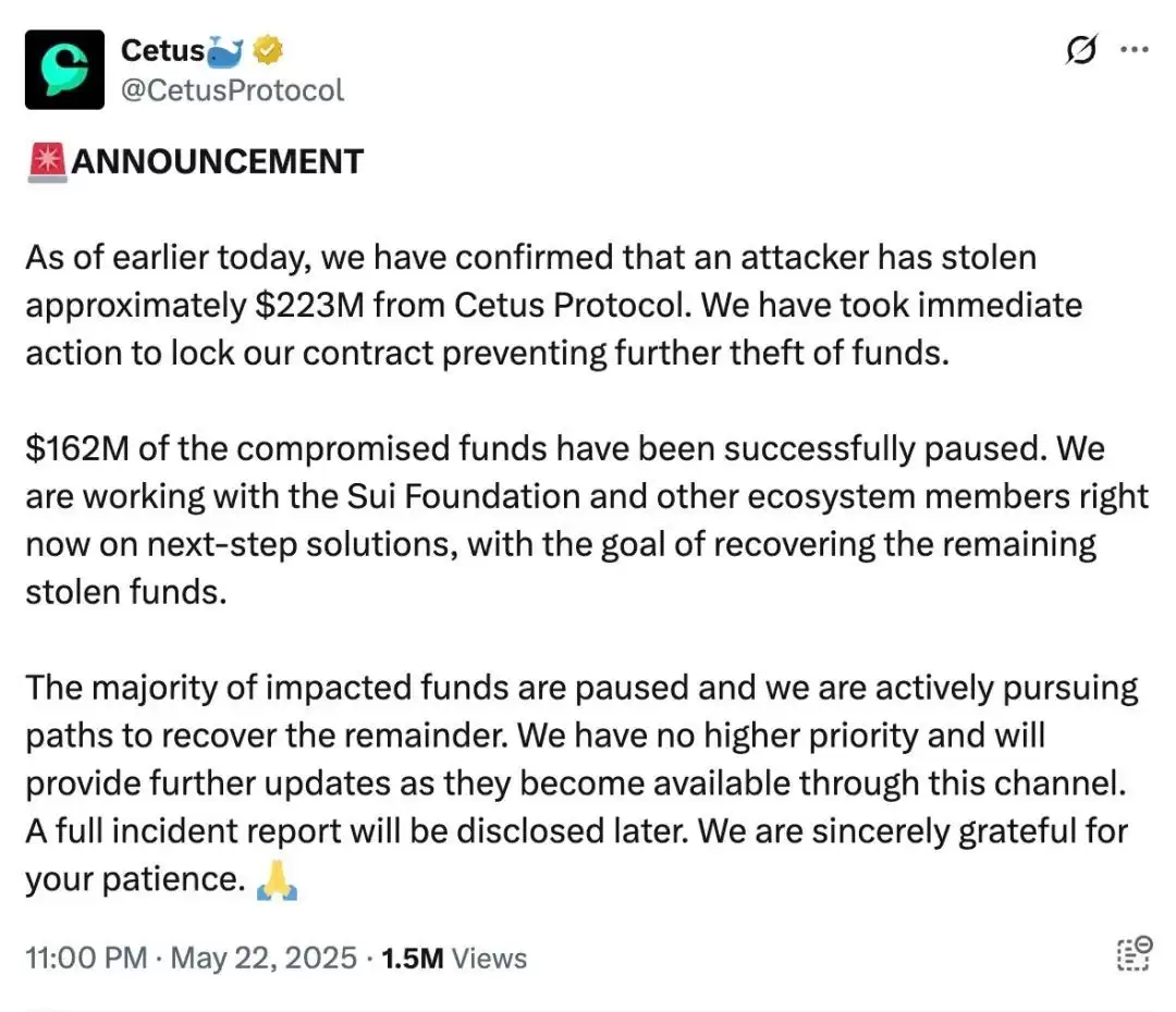 慢雾:Cetus被盗2.3亿美元,解析攻击手法及资金转移情况