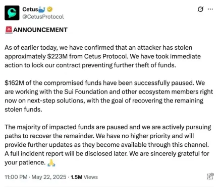 慢雾:Cetus被盗2.3亿美元,解析攻击手法及资金转移情况
