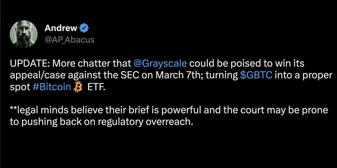 kol表示灰度gbtc转比特币现货etf对sec诉讼下月可望胜诉