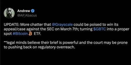 kol表示灰度gbtc转比特币现货etf对sec诉讼下月可望胜诉