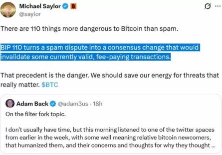 比特币(BTC)多头 Michael Saylor 和 Adam Back 抨击 BIP-110 序数提案